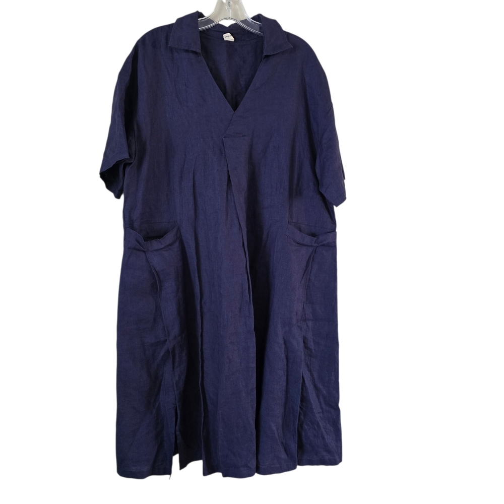 Grae Cove Linen Navy‎ Collared V-Neck Shirt Dress  Size XL Lagenlook